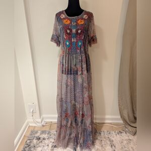 BIYA Johnny Was Kandence Tiered Mesh Dress Floral Embroidery Womens Small Sheer